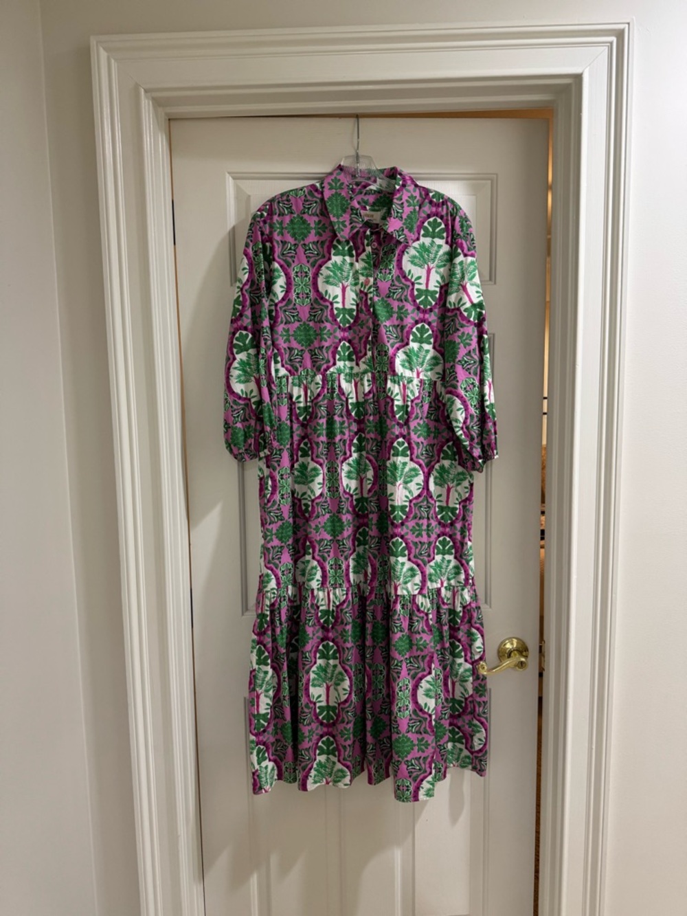 Maeve Anthro Pink & Green Floral Tiered Midi Dress